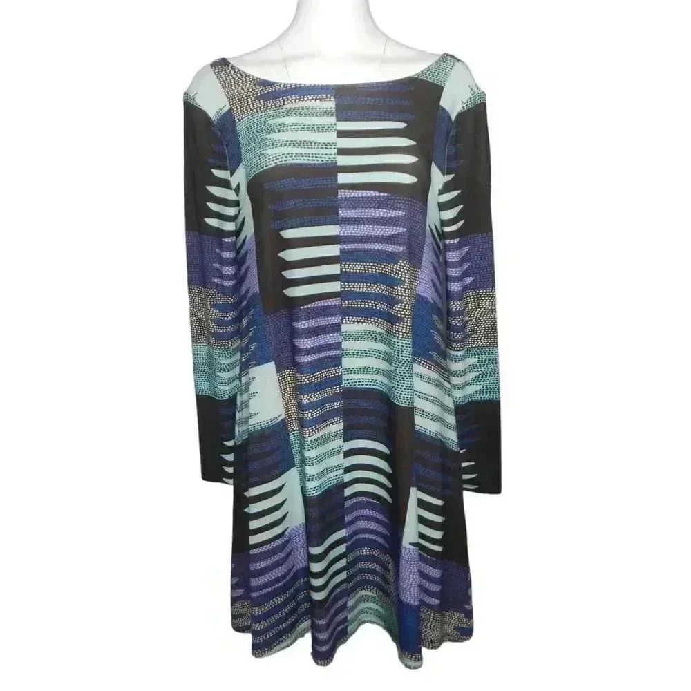 Mara Hoffman Geometric Print Swing Dress Black Purple Blue Long Sleeve Size S